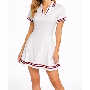 Tuckernuck Sport Beatrice Tennis Dress Pleated V-Neck White Burgundy Small NWT
